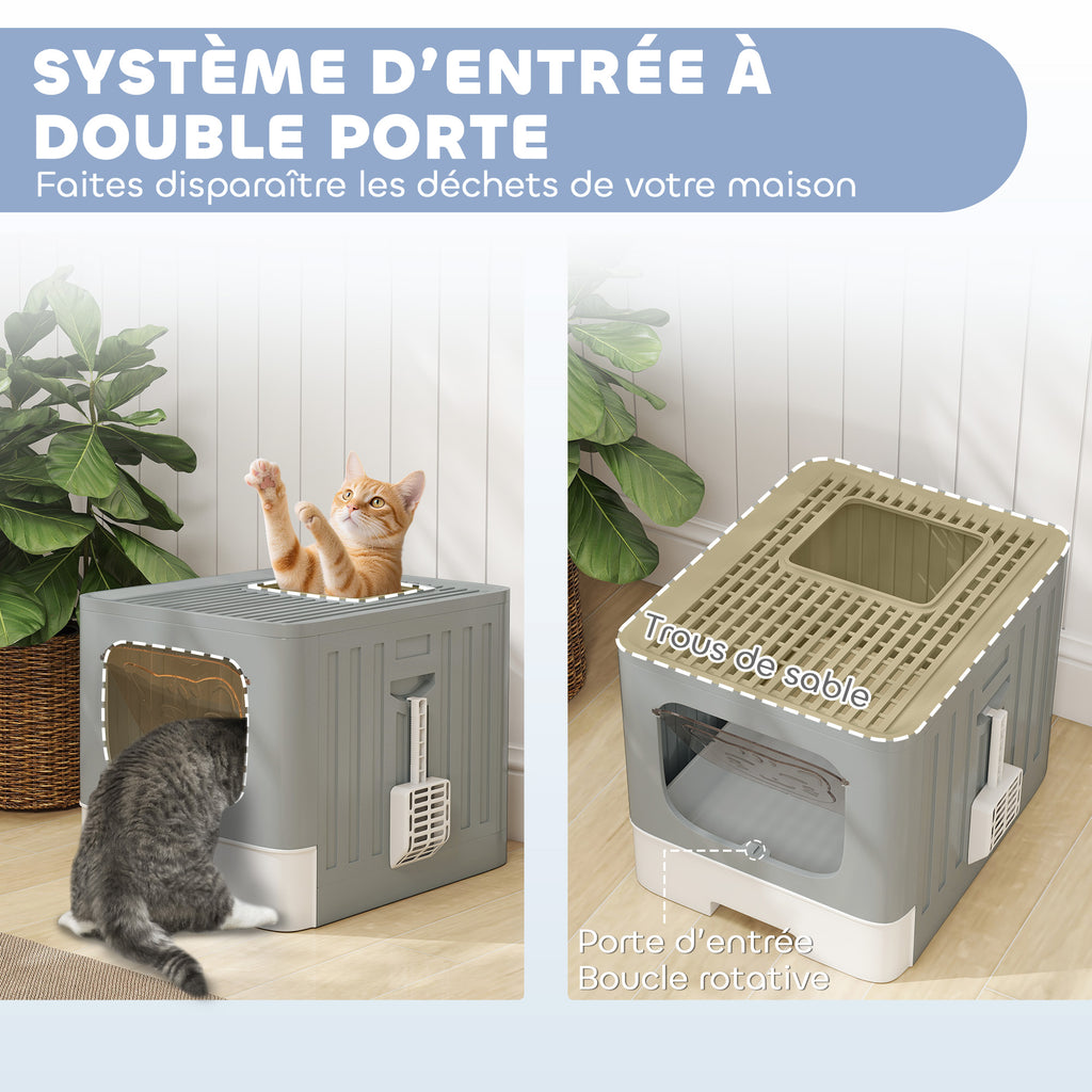 Maison de Toilette pour Chat, Tiroir Coulissant, Couvercle, 2 Portes Réglables, Pelle, Détachable, 48x38x38,5cm, Gris