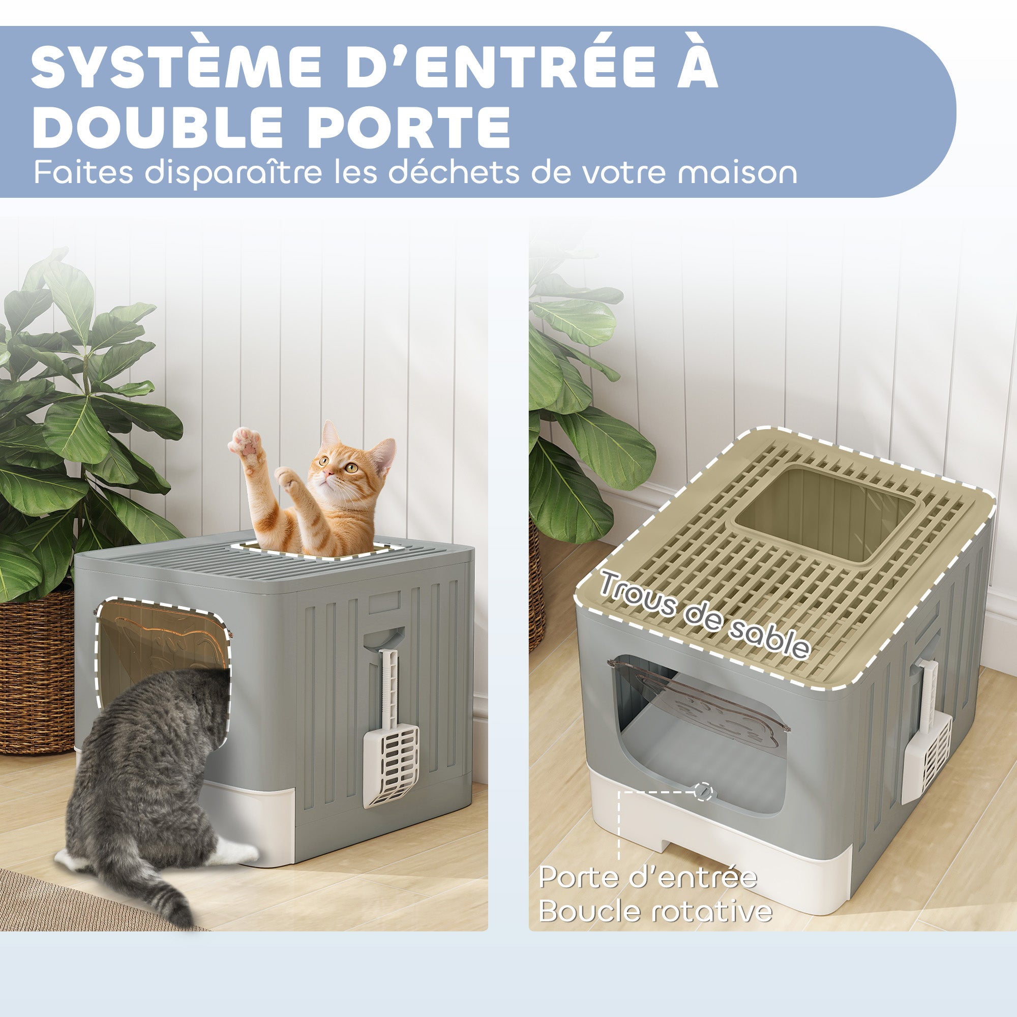 Maison de Toilette pour Chat, Tiroir Coulissant, Couvercle, 2 Portes Réglables, Pelle, Détachable, 48x38x38,5cm, Gris