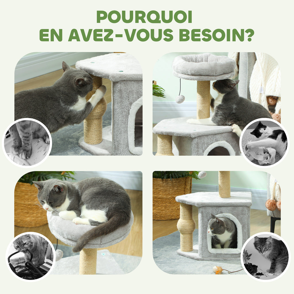 Arbre à chat tour de jeux pour chats, avec poteaux à griffer lit pour chat maison pour chat 42 x 30 x 66 cm gris clair