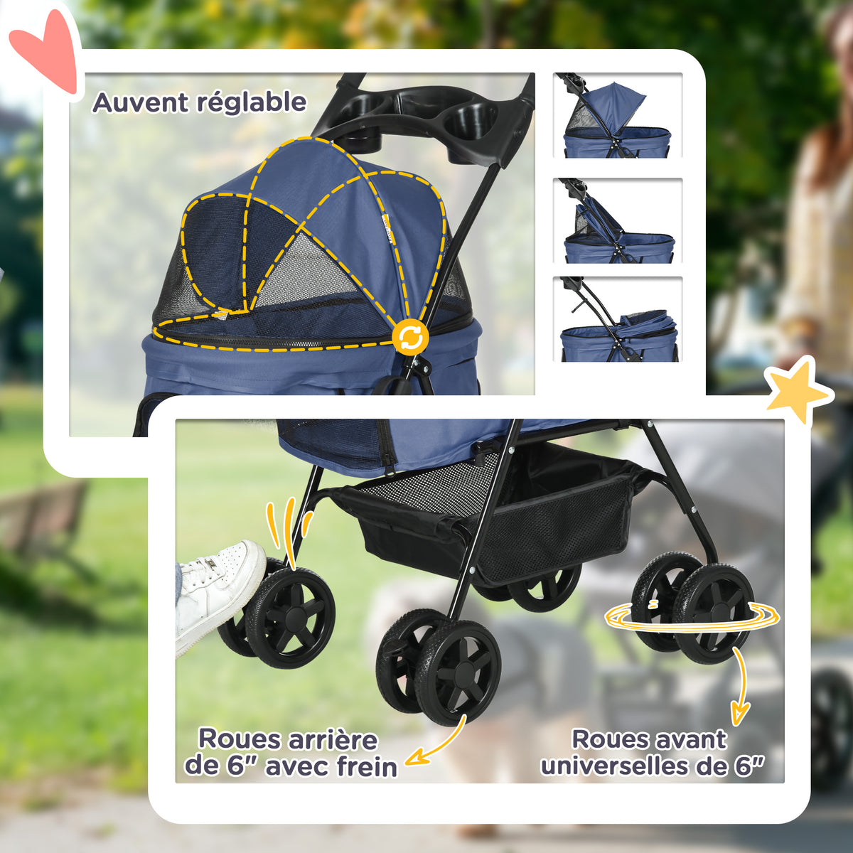 Poussette buggy pliable chien chat panier rangement porte-gobelets tissu 300D Oxford imperméable 4 roues bleu foncé