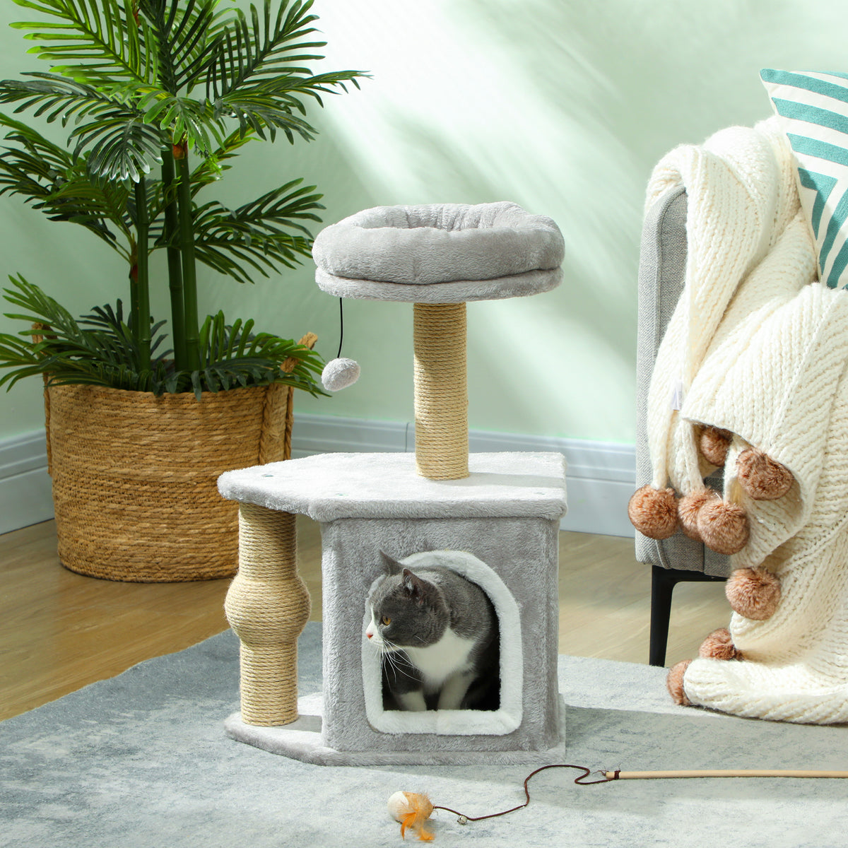 Arbre à chat tour de jeux pour chats, avec poteaux à griffer lit pour chat maison pour chat 42 x 30 x 66 cm gris clair