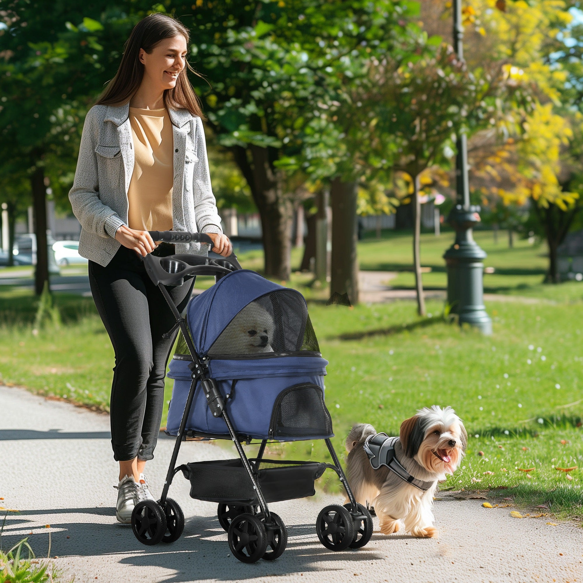 Poussette buggy pliable chien chat panier rangement porte-gobelets tissu 300D Oxford imperméable 4 roues bleu foncé