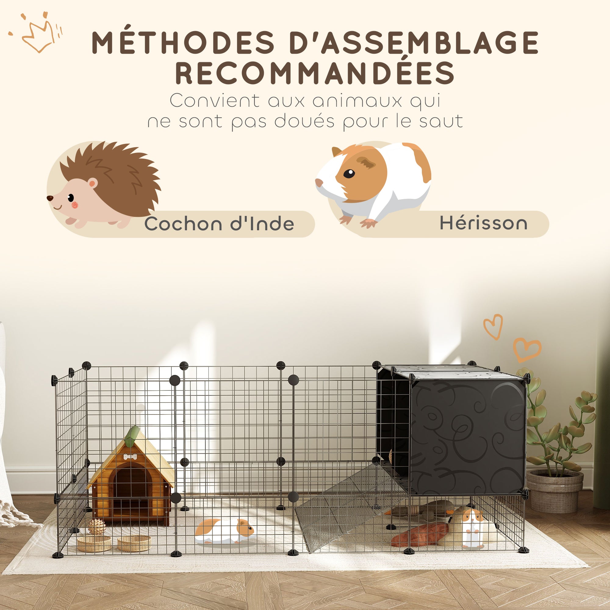 Enclos pour petits animaux, cage à lapin modulable 31 panneaux avec niches surélevées, en acier, 140x70x52cm, noir