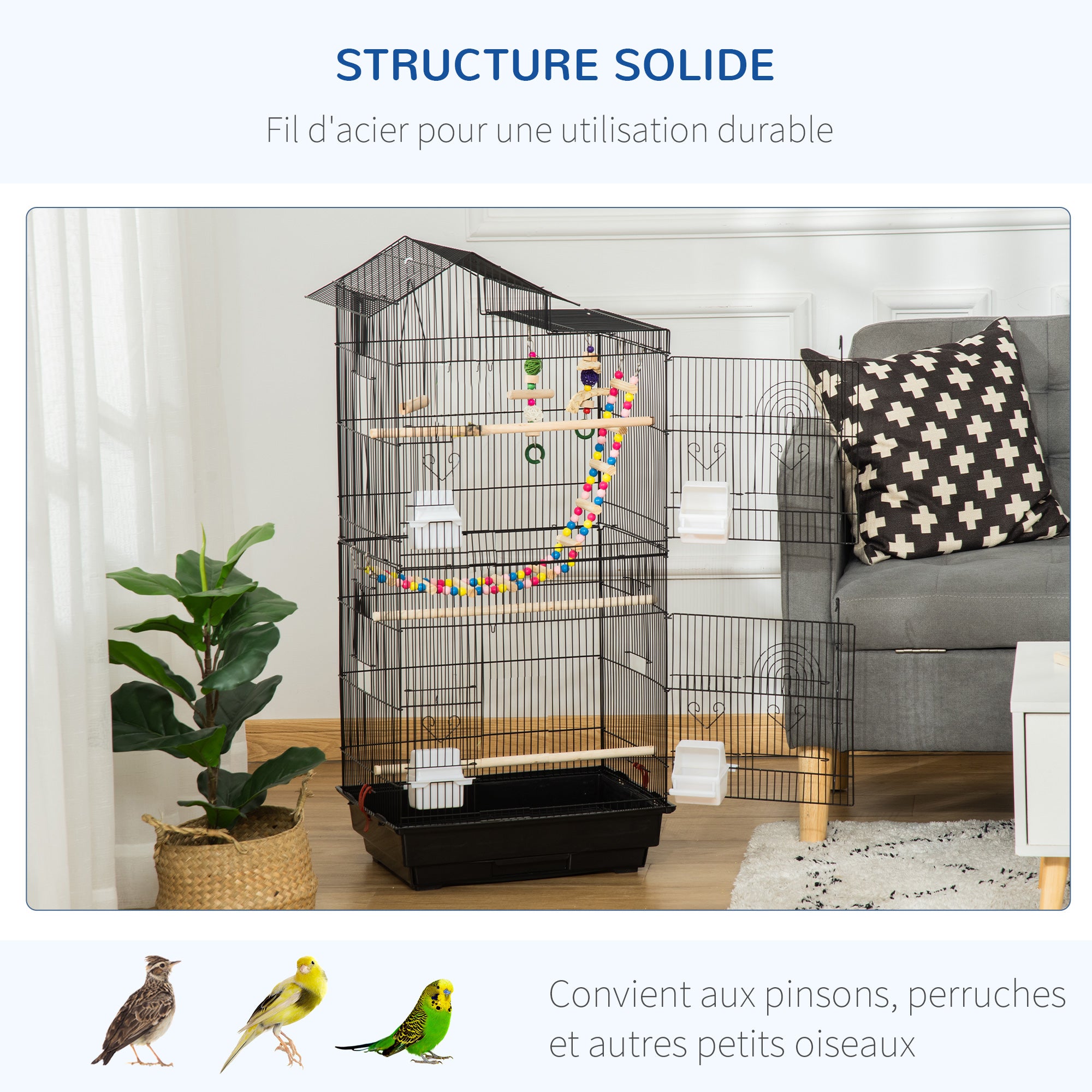 Cage à oiseaux 46 x 36 x 100 cm 4 mangeoires 3 perchoirs cage pour perruche calopsitte conure pinson canaris