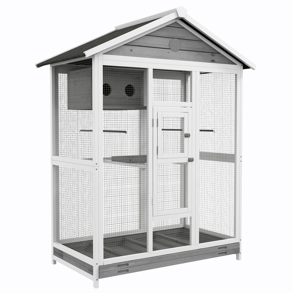 Grande cage oiseau volière à oiseaux intérieur exterieur, 4 perchoirs bac à litière coulissant 112 x 68 x 154 cm gris
