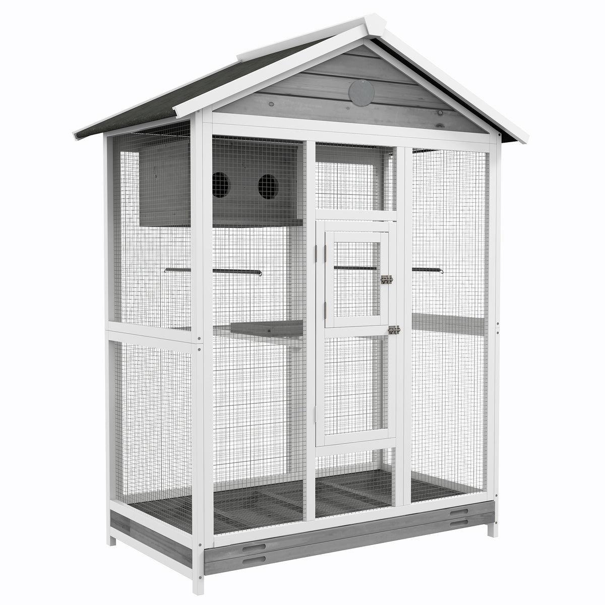 Grande cage oiseau volière à oiseaux intérieur exterieur, 4 perchoirs bac à litière coulissant 112 x 68 x 154 cm gris