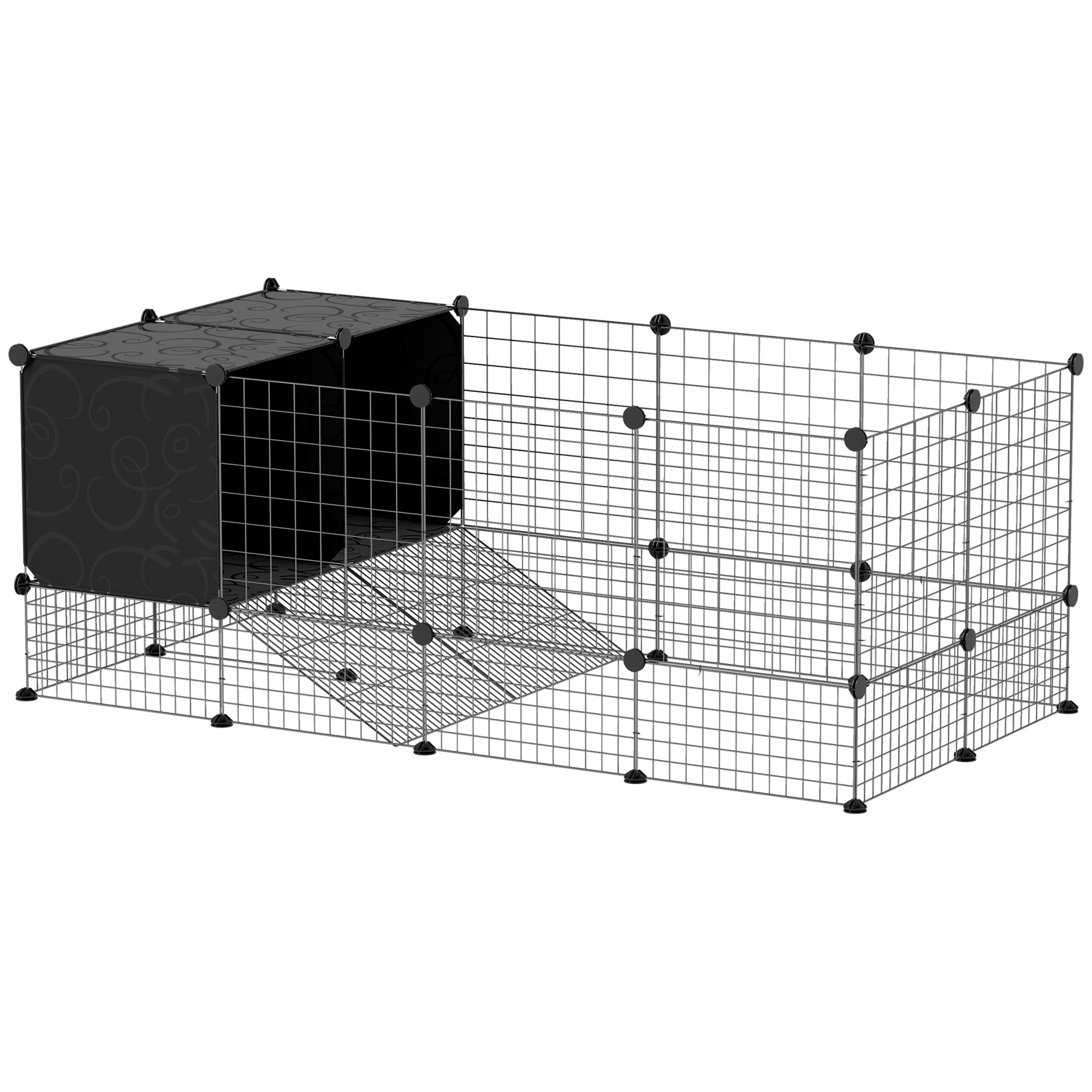 Enclos pour petits animaux, cage à lapin modulable 31 panneaux avec niches surélevées, en acier, 140x70x52cm, noir