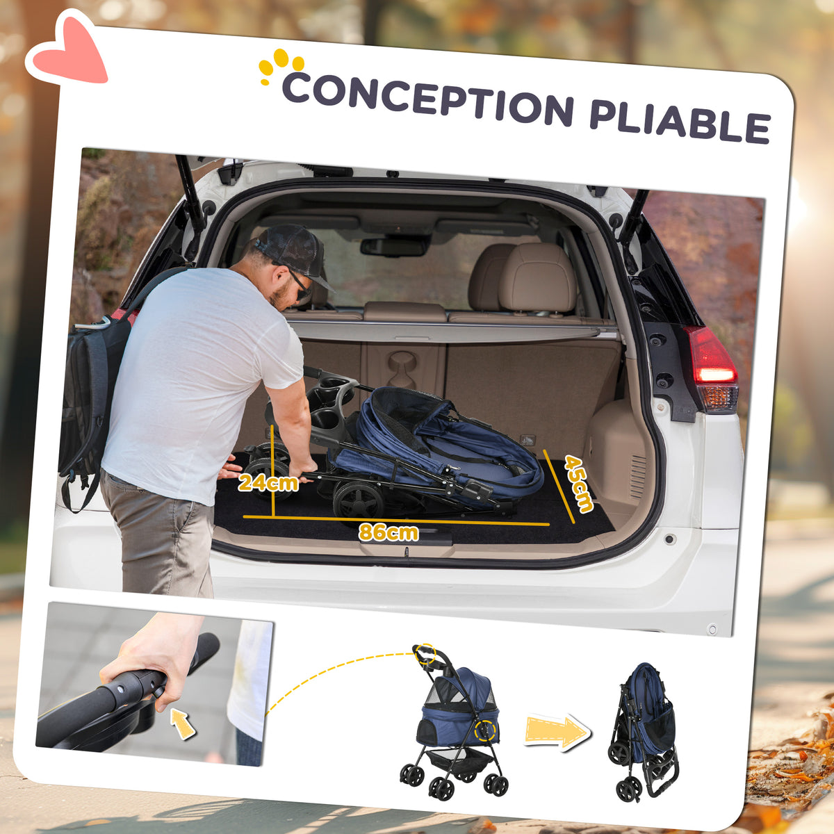 Poussette buggy pliable chien chat panier rangement porte-gobelets tissu 300D Oxford imperméable 4 roues bleu foncé