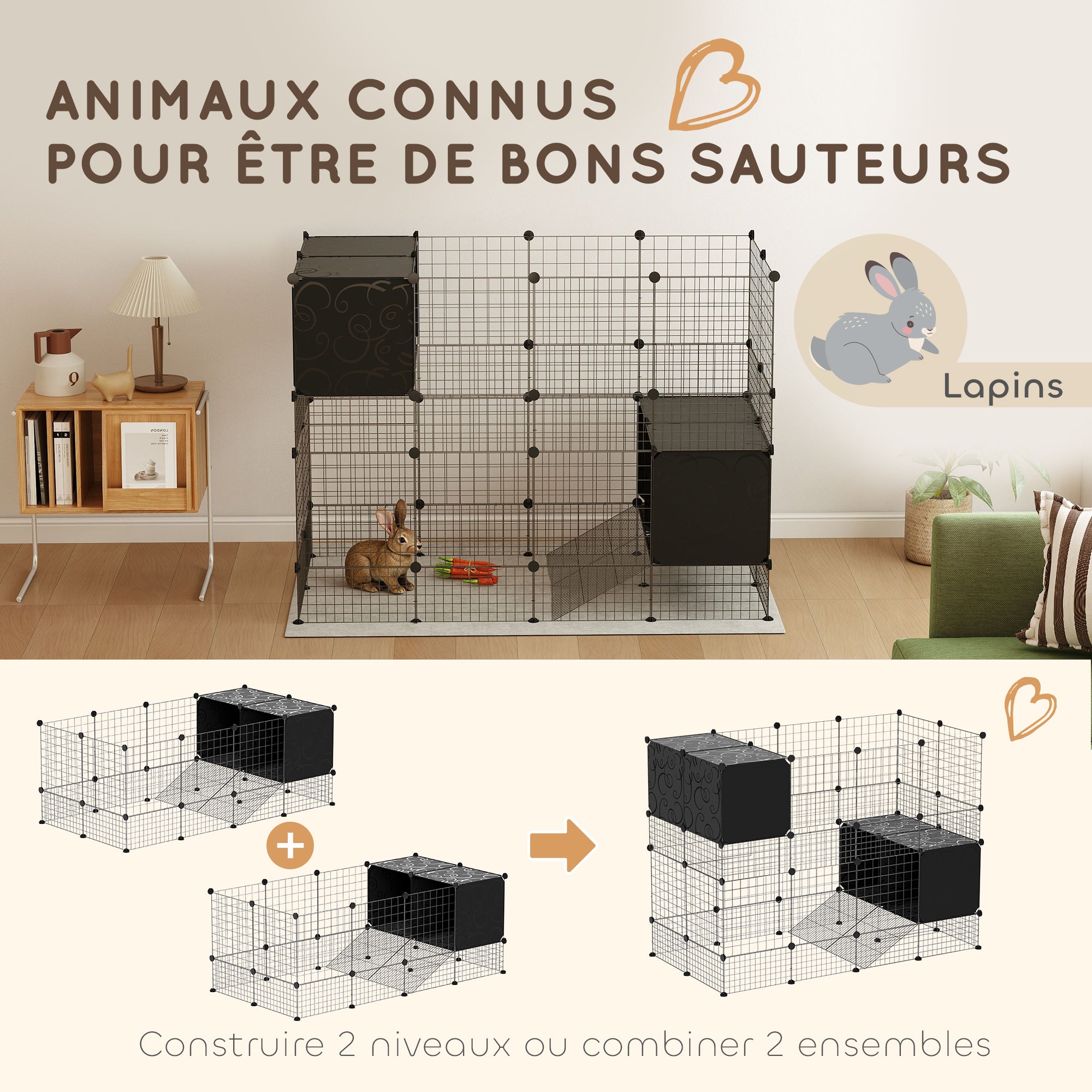 Enclos pour petits animaux, cage à lapin modulable 31 panneaux avec niches surélevées, en acier, 140x70x52cm, noir