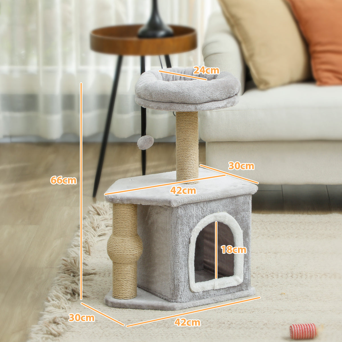 Arbre à chat tour de jeux pour chats, avec poteaux à griffer lit pour chat maison pour chat 42 x 30 x 66 cm gris clair