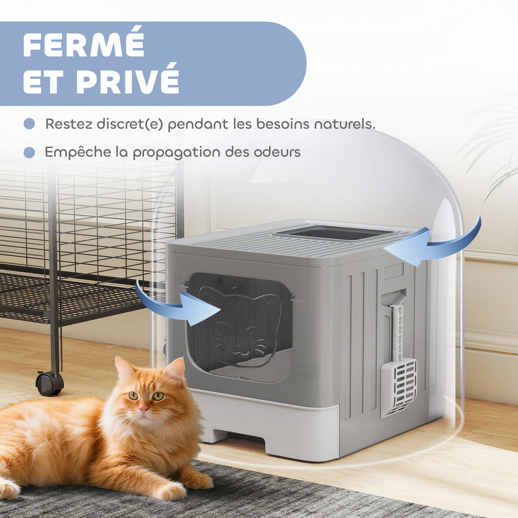 Maison de Toilette pour Chat, Tiroir Coulissant, Couvercle, 2 Portes Réglables, Pelle, Détachable, 48x38x38,5cm, Gris
