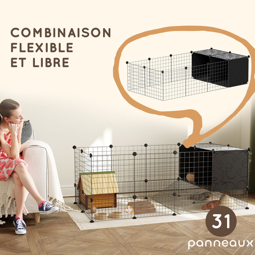 Enclos pour petits animaux, cage à lapin modulable 31 panneaux avec niches surélevées, en acier, 140x70x52cm, noir