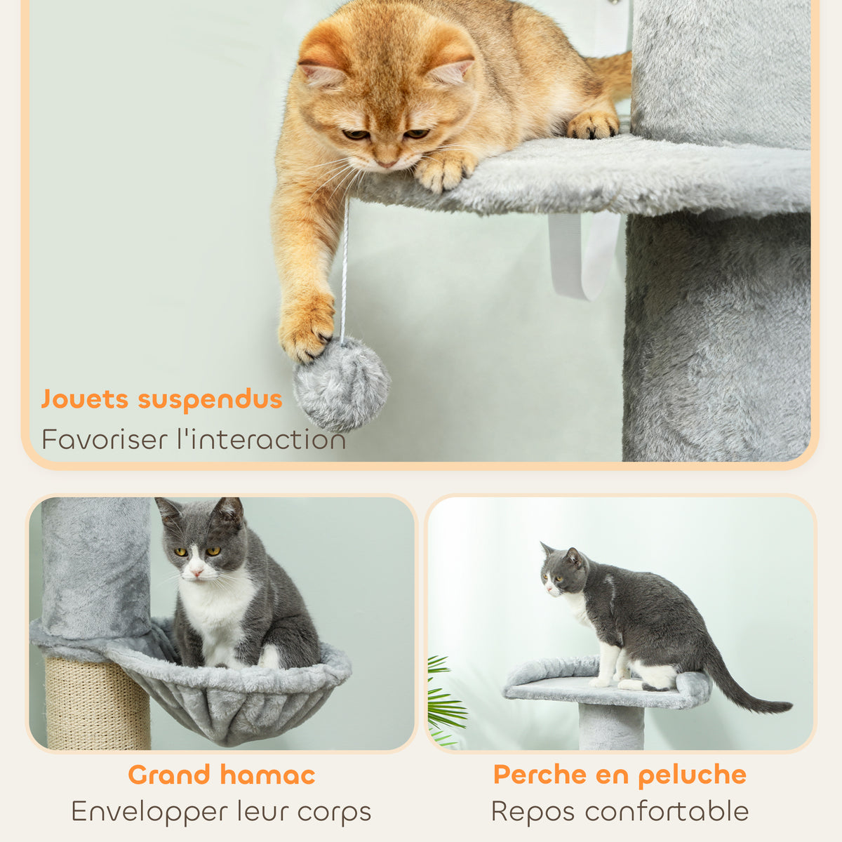 Arbre à chat tonneau à gratter pour chats griffoir en sisal, hamac, plateforme, balle jouet, Ø 48 x 103,5 cm, gris clair