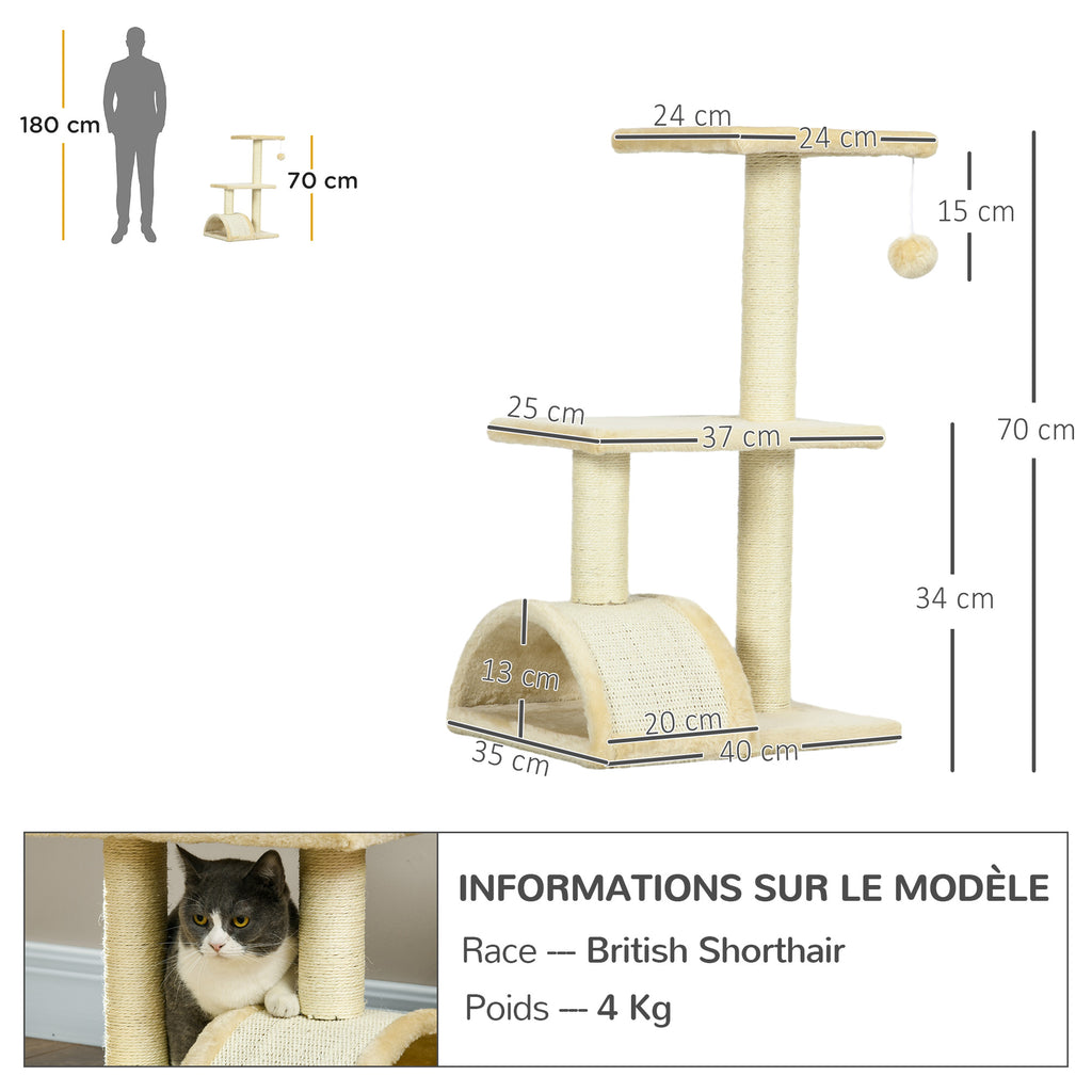 Arbre à chat arbre à grimper griffoir pour chat hauteur 72 cm balle suspendue crème