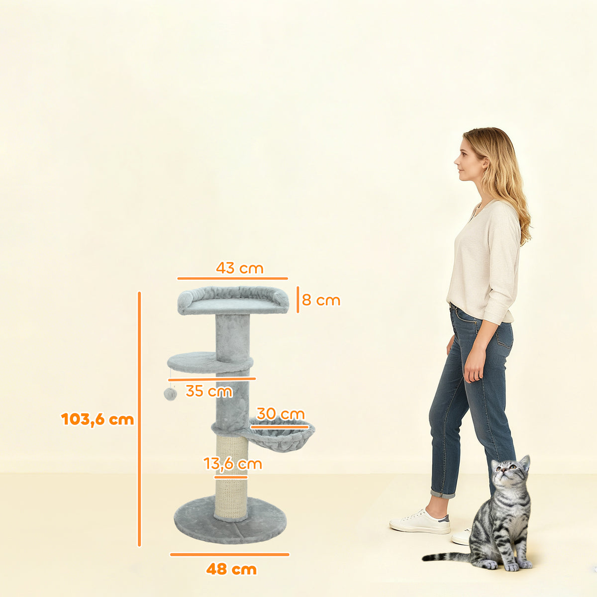 Arbre à chat tonneau à gratter pour chats griffoir en sisal, hamac, plateforme, balle jouet, Ø 48 x 103,5 cm, gris clair