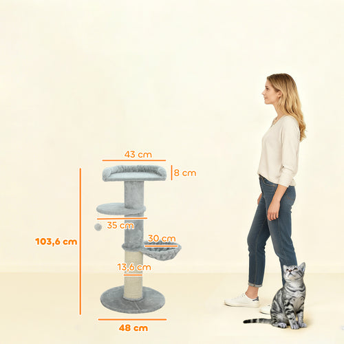 Arbre à chat tonneau à gratter pour chats griffoir en sisal, hamac, plateforme, balle jouet, Ø 48 x 103,5 cm, gris clair