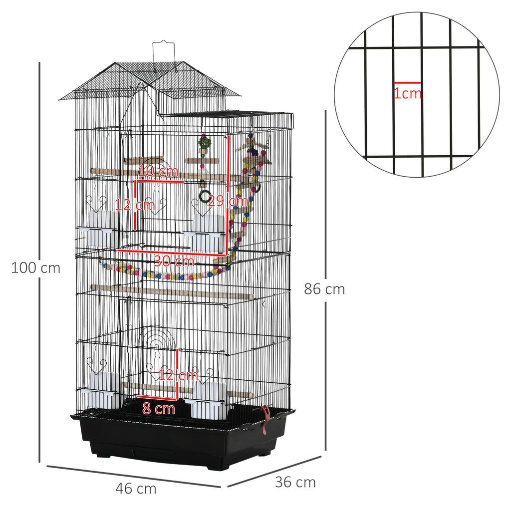 Cage à oiseaux 46 x 36 x 100 cm 4 mangeoires 3 perchoirs cage pour perruche calopsitte conure pinson canaris