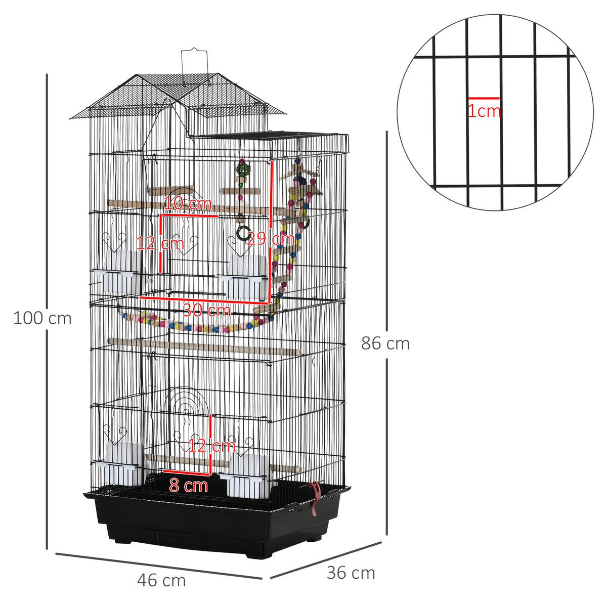 Cage à oiseaux 46 x 36 x 100 cm 4 mangeoires 3 perchoirs cage pour perruche calopsitte conure pinson canaris