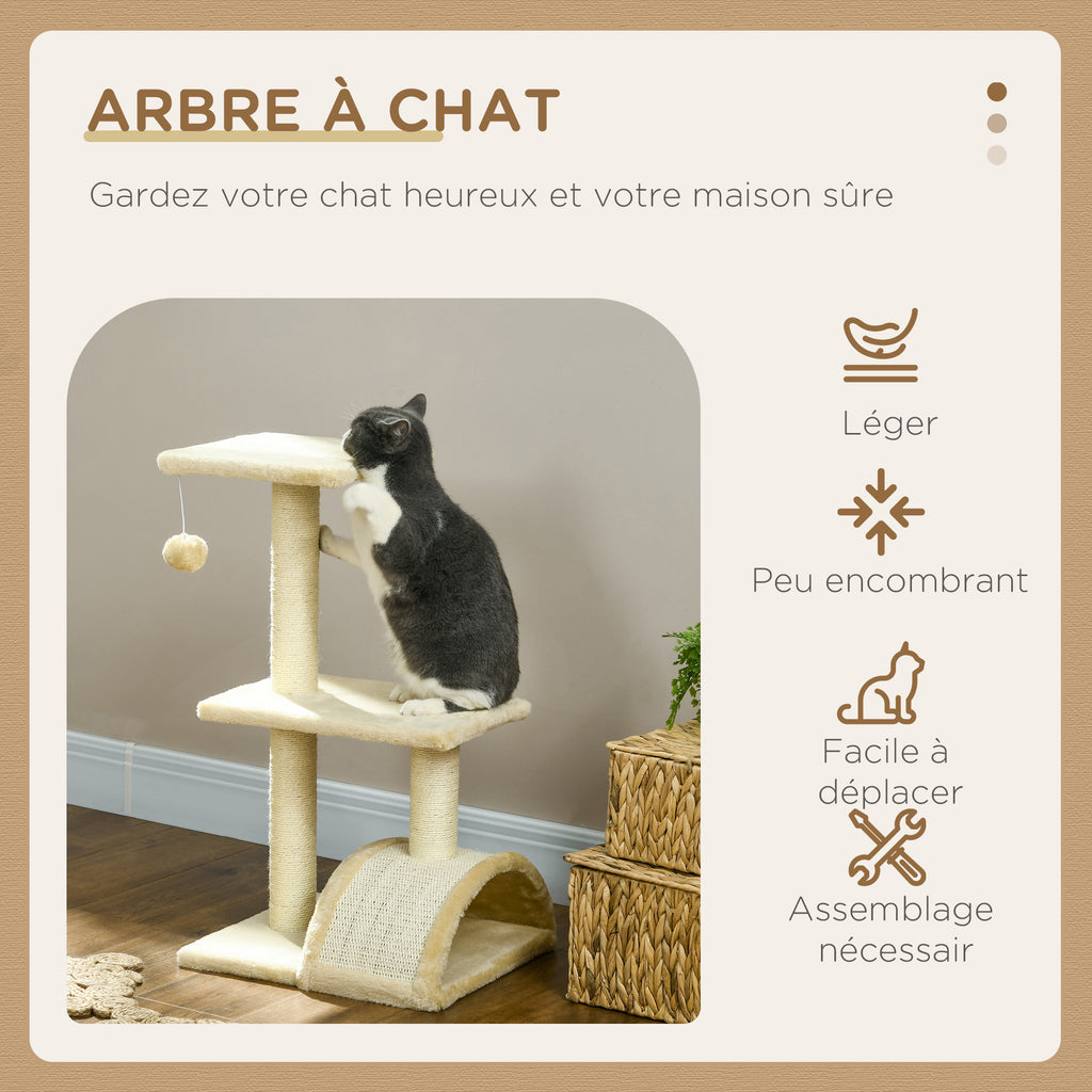 Arbre à chat arbre à grimper griffoir pour chat hauteur 72 cm balle suspendue crème