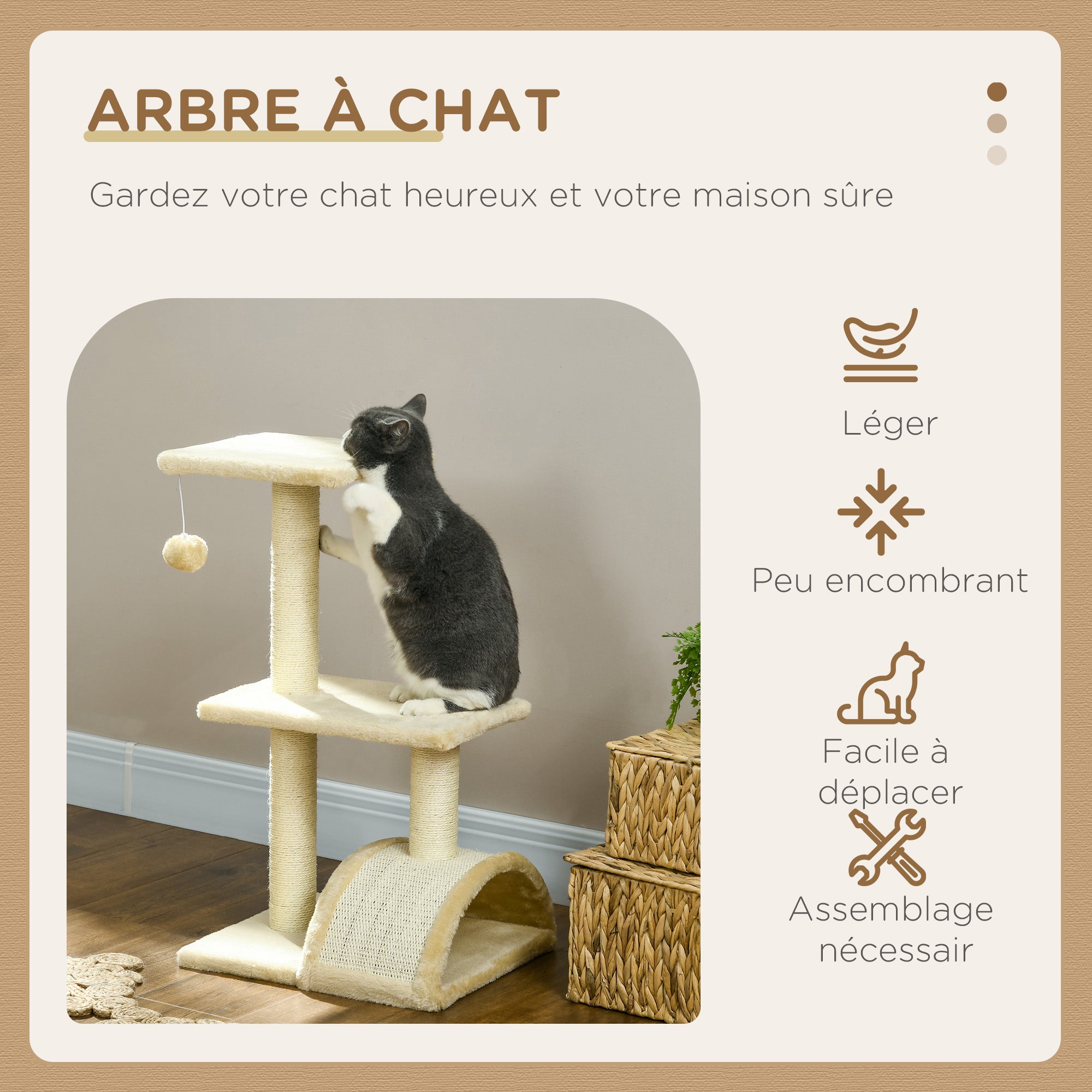 Arbre à chat arbre à grimper griffoir pour chat hauteur 72 cm balle suspendue crème