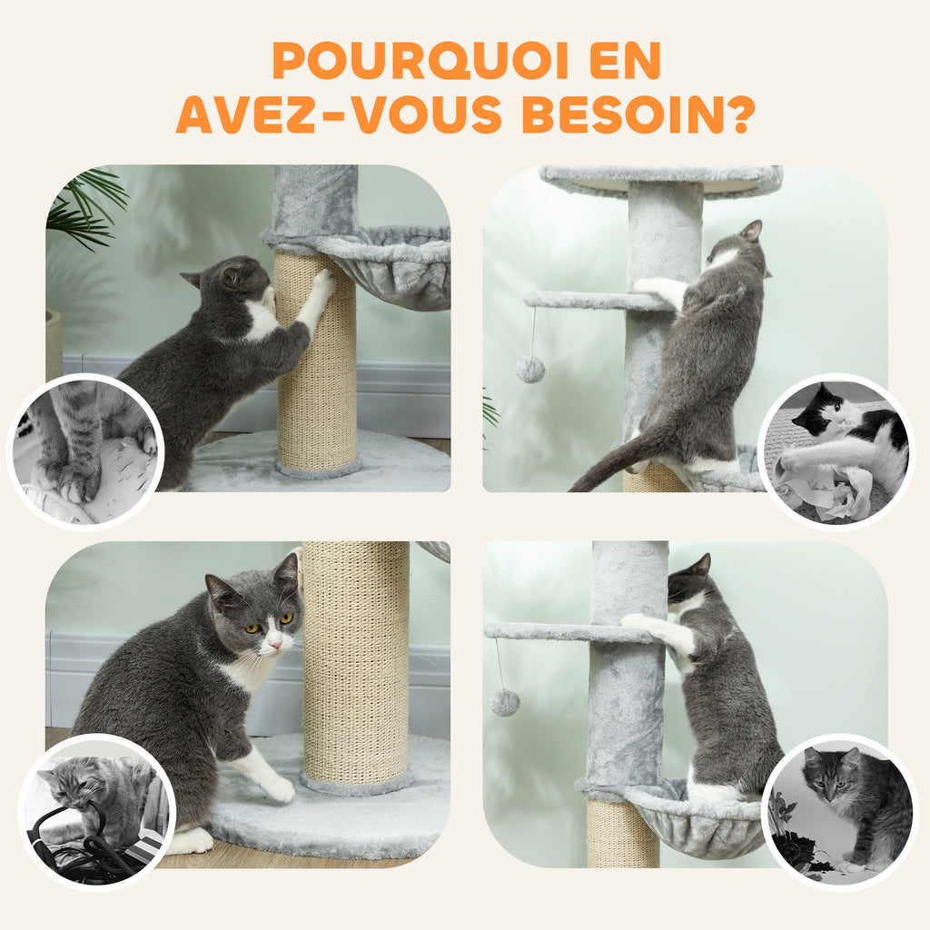 Arbre à chat tonneau à gratter pour chats griffoir en sisal, hamac, plateforme, balle jouet, Ø 48 x 103,5 cm, gris clair