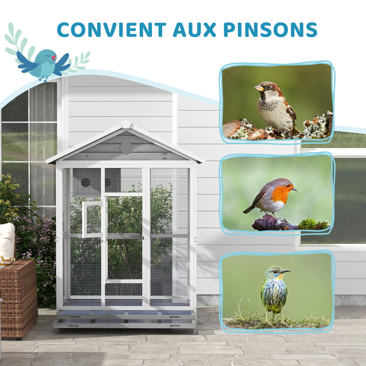 Grande cage oiseau volière à oiseaux intérieur exterieur, 4 perchoirs bac à litière coulissant 112 x 68 x 154 cm gris