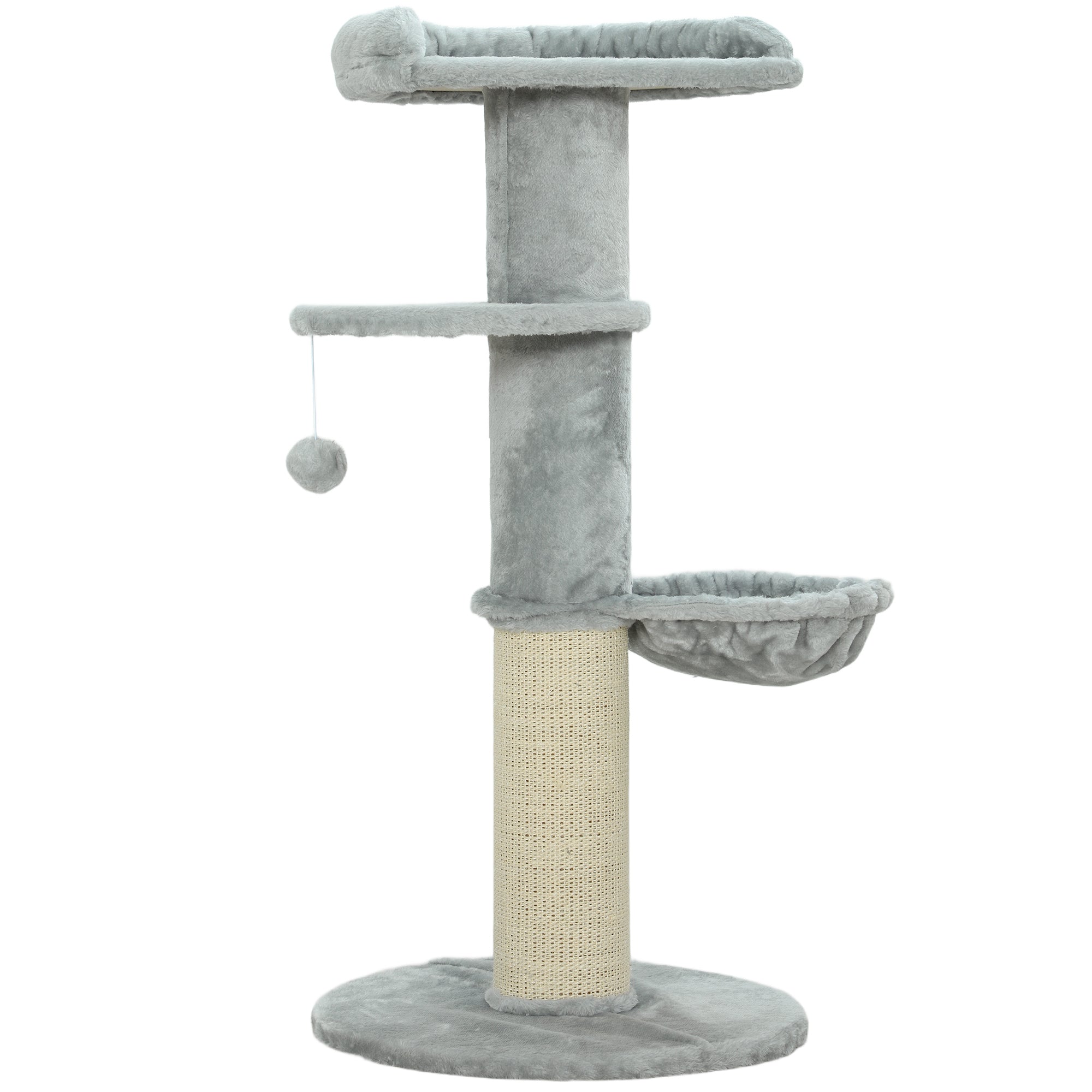 Arbre à chat tonneau à gratter pour chats griffoir en sisal, hamac, plateforme, balle jouet, Ø 48 x 103,5 cm, gris clair