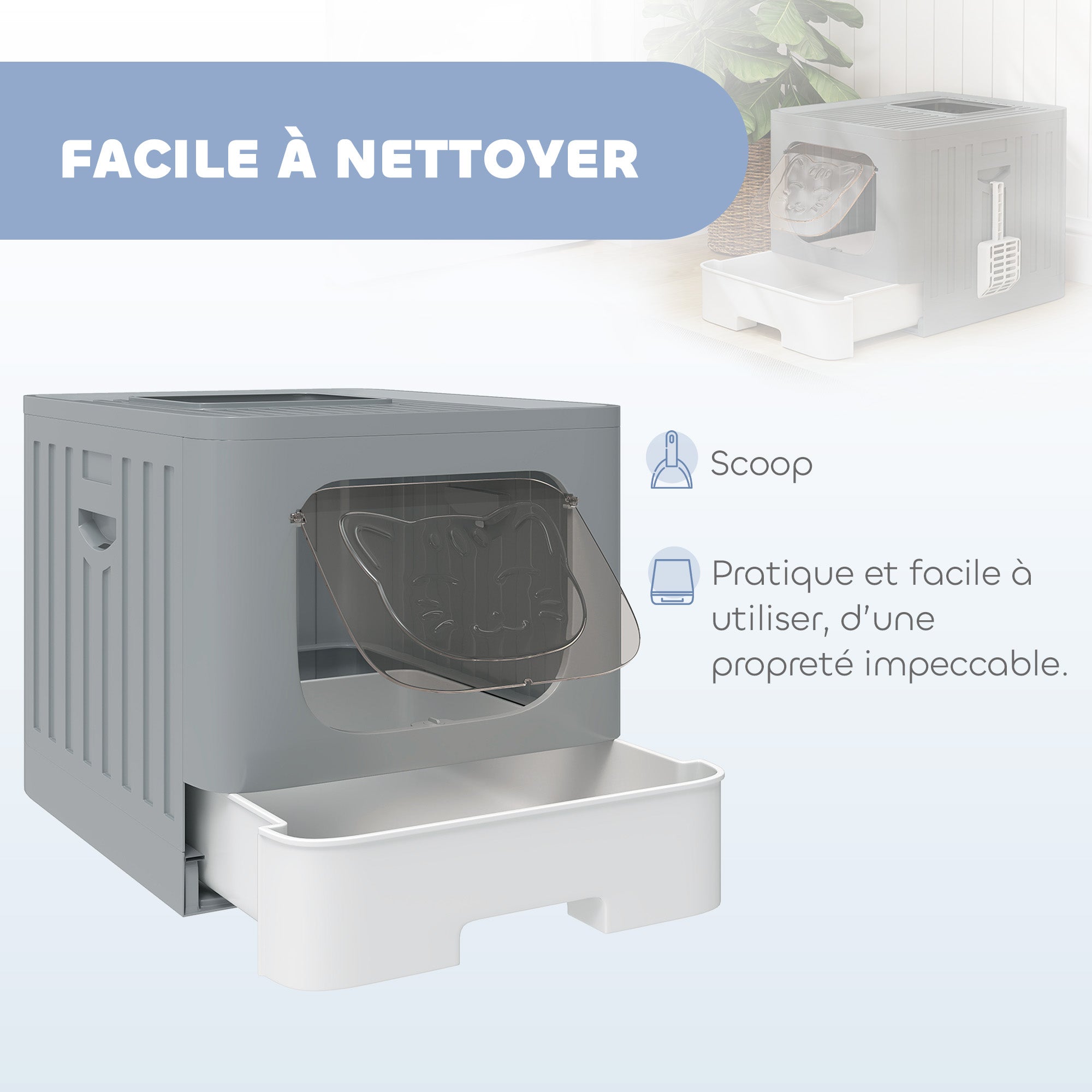Maison de Toilette pour Chat, Tiroir Coulissant, Couvercle, 2 Portes Réglables, Pelle, Détachable, 48x38x38,5cm, Gris