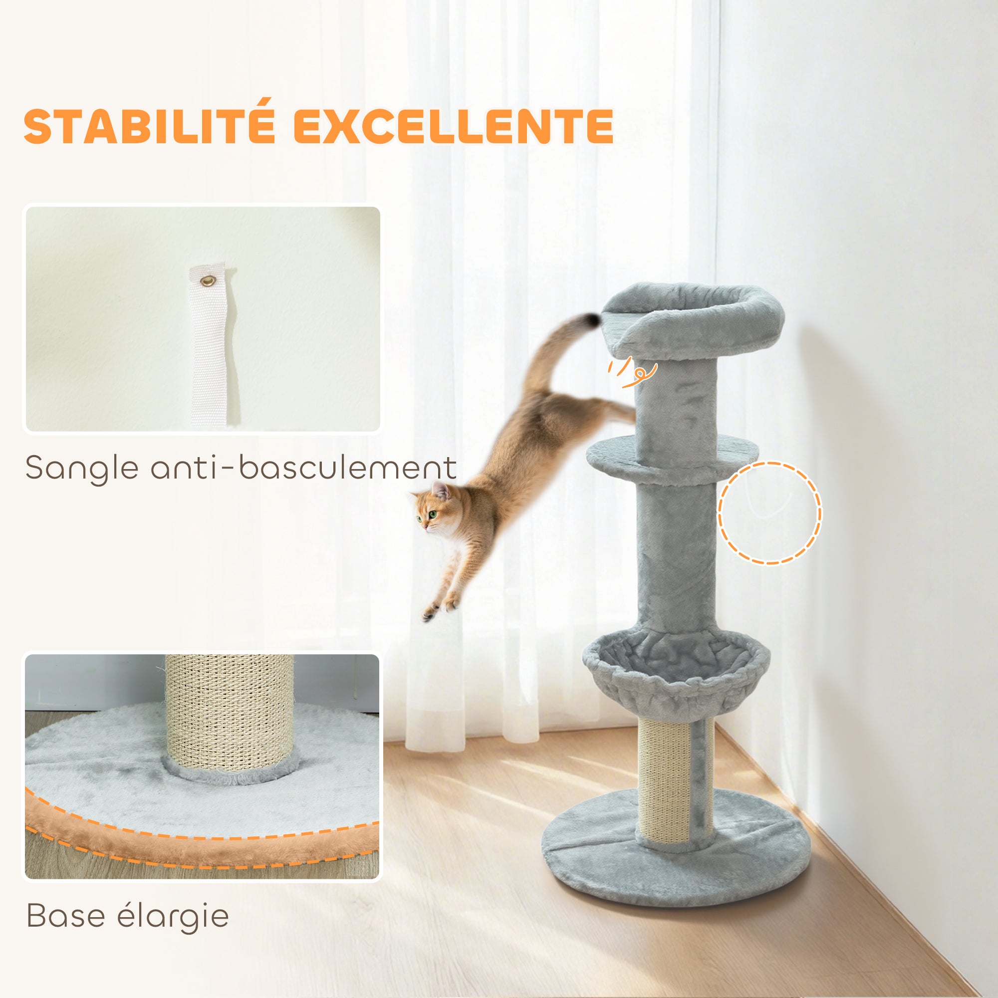 Arbre à chat tonneau à gratter pour chats griffoir en sisal, hamac, plateforme, balle jouet, Ø 48 x 103,5 cm, gris clair
