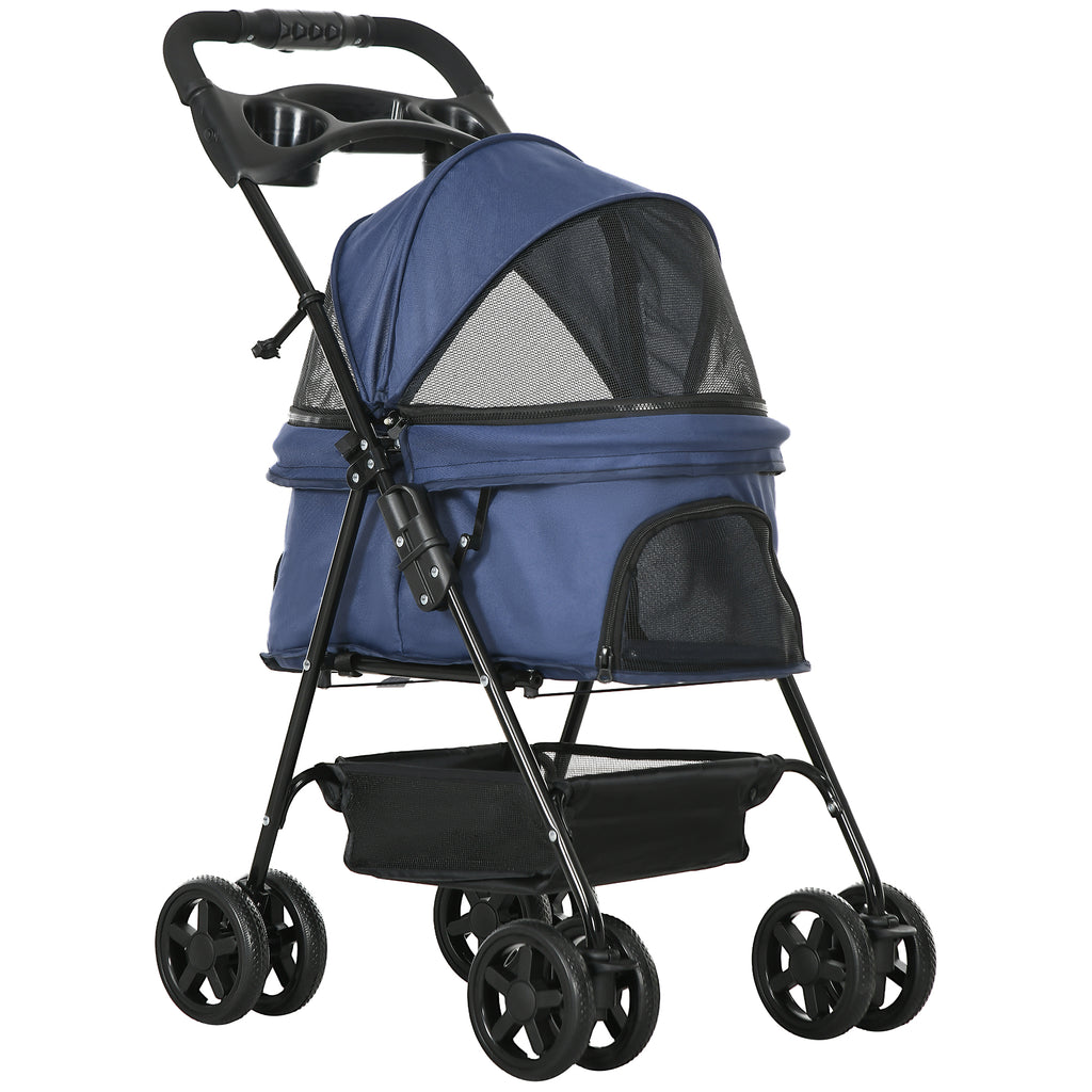 Poussette buggy pliable chien chat panier rangement porte-gobelets tissu 300D Oxford imperméable 4 roues bleu foncé