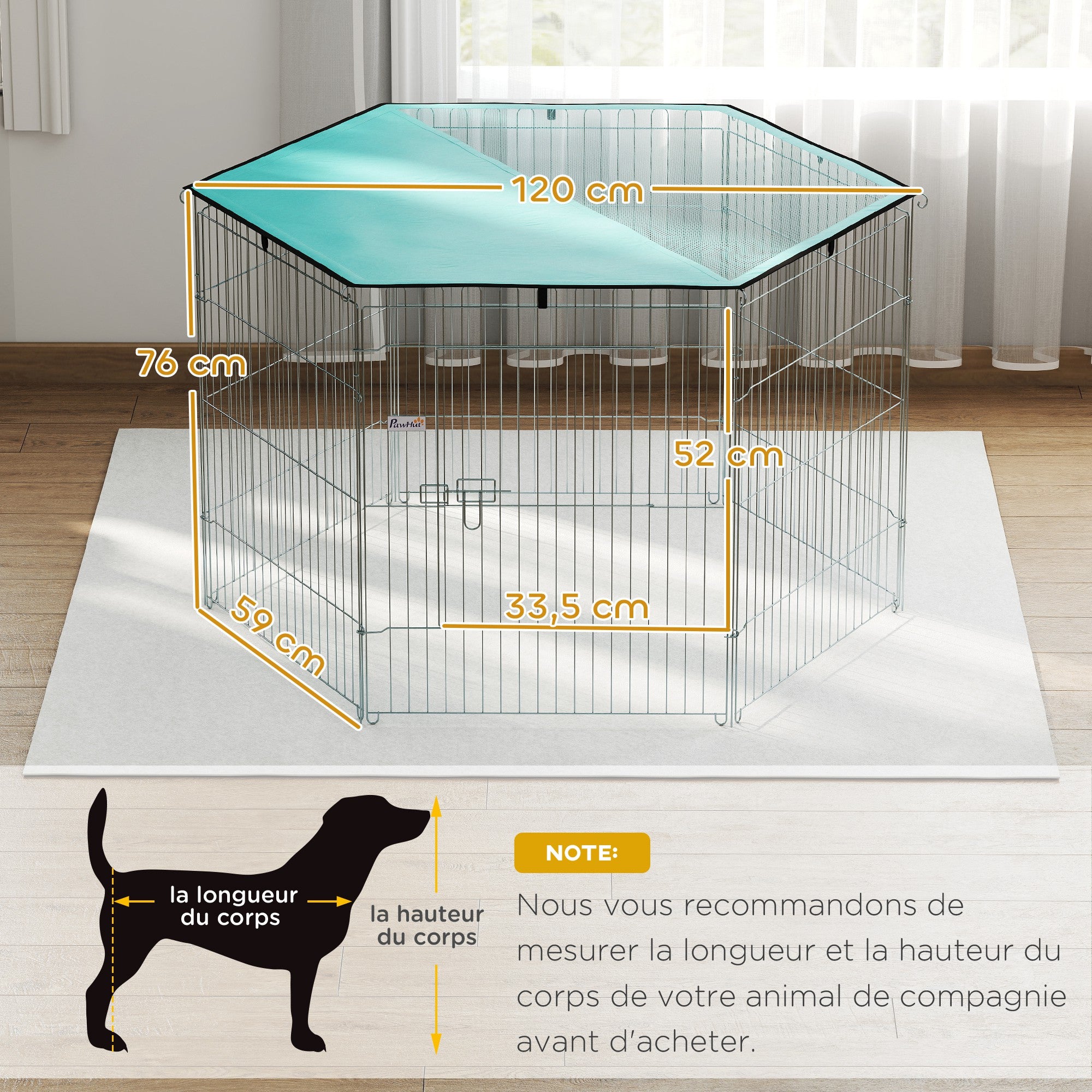 Parc pour chien, enclos chien 6 panneaux avec toit, modulable et pliable, enclos portable 76H cm avec porte argent vert