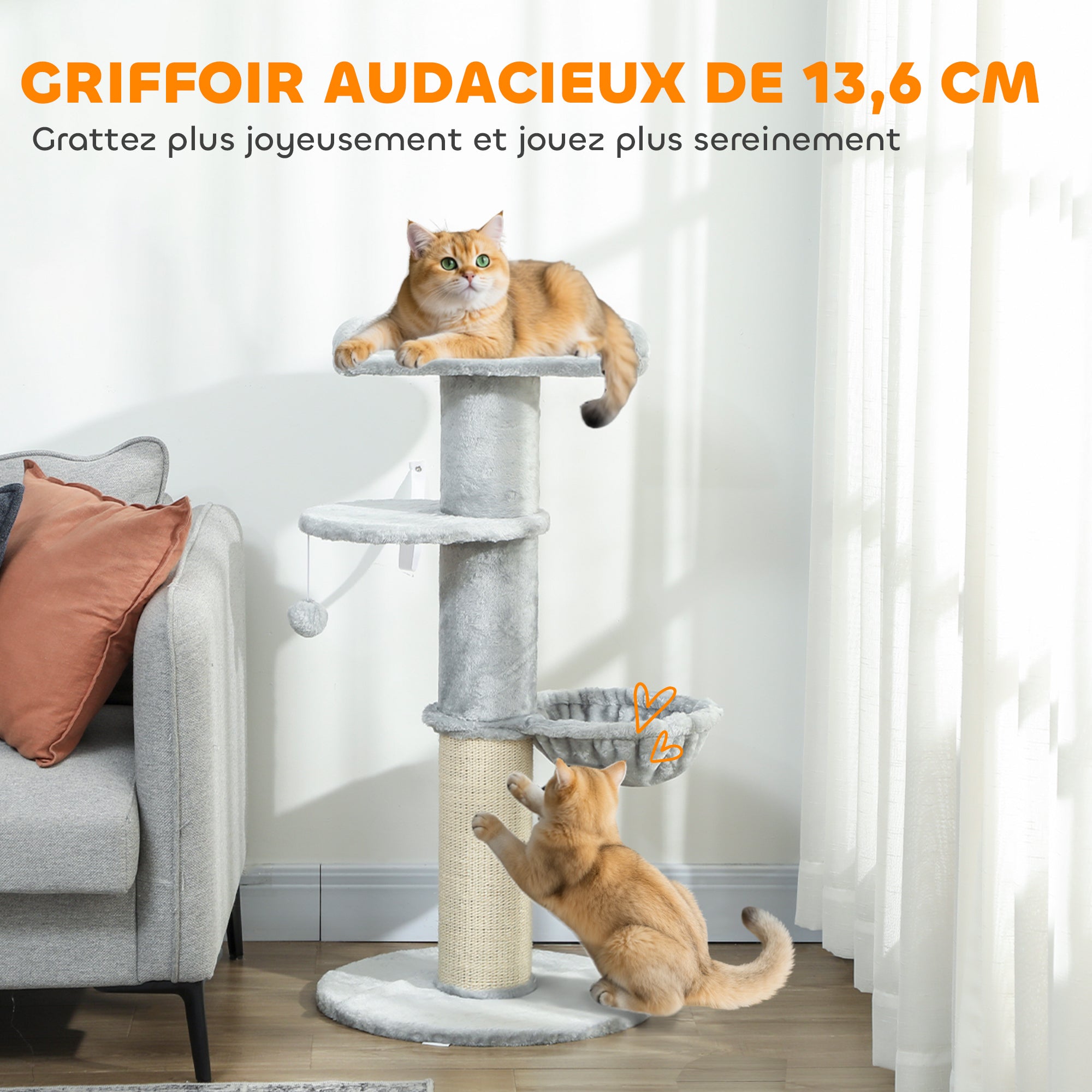 Arbre à chat tonneau à gratter pour chats griffoir en sisal, hamac, plateforme, balle jouet, Ø 48 x 103,5 cm, gris clair
