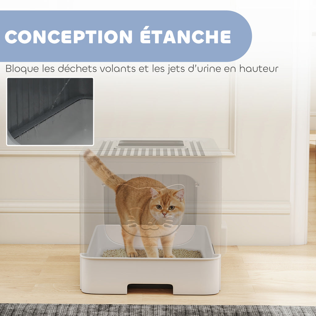 Maison de Toilette pour Chat, Tiroir Coulissant, Couvercle, 2 Portes Réglables, Pelle, Détachable, 48x38x38,5cm, Gris
