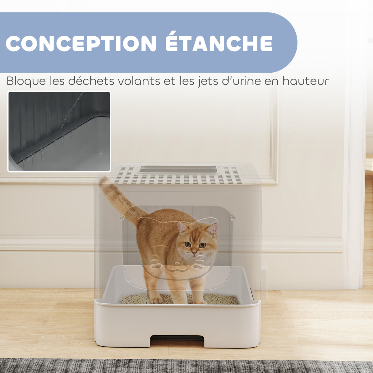 Maison de Toilette pour Chat, Tiroir Coulissant, Couvercle, 2 Portes Réglables, Pelle, Détachable, 48x38x38,5cm, Gris