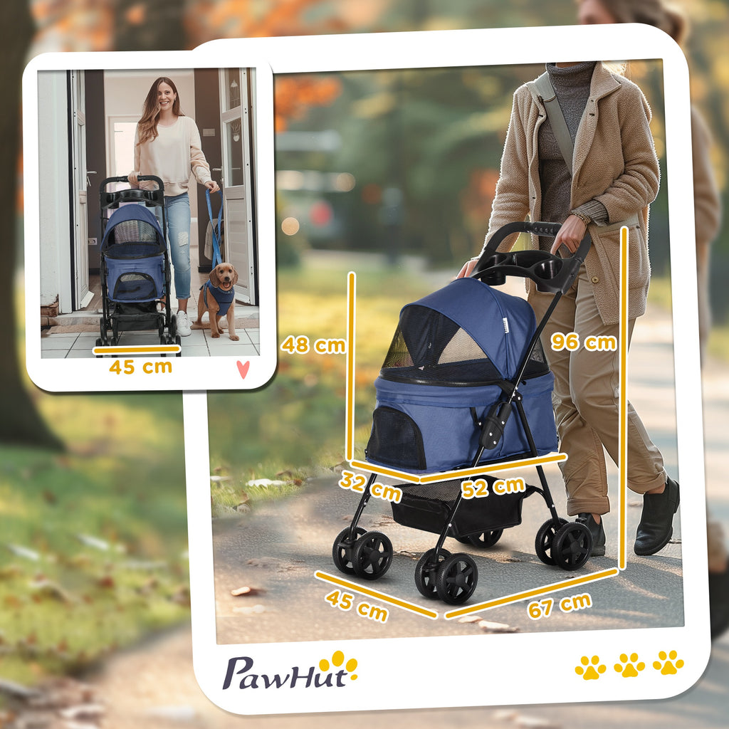Poussette buggy pliable chien chat panier rangement porte-gobelets tissu 300D Oxford imperméable 4 roues bleu foncé