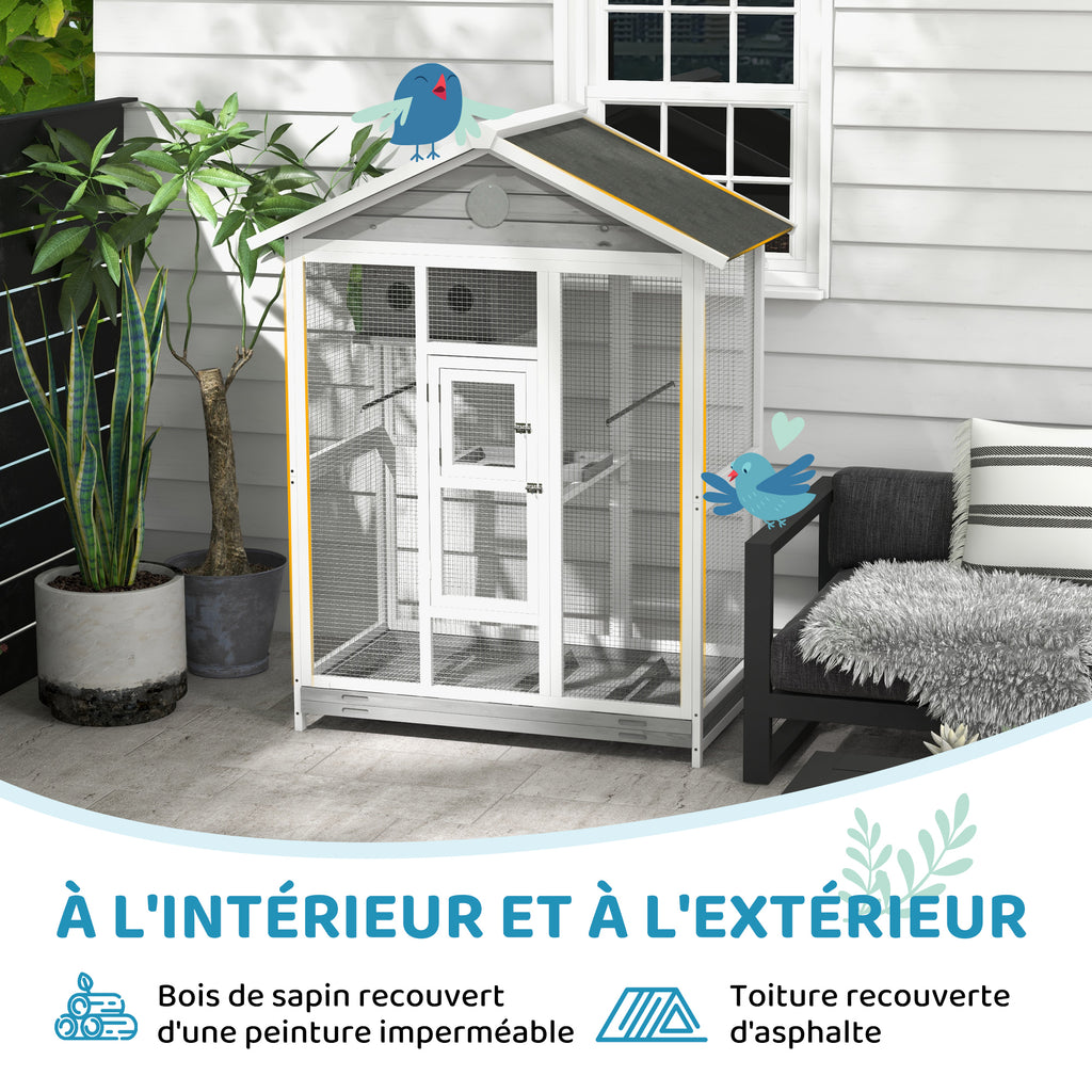Grande cage oiseau volière à oiseaux intérieur exterieur, 4 perchoirs bac à litière coulissant 112 x 68 x 154 cm gris