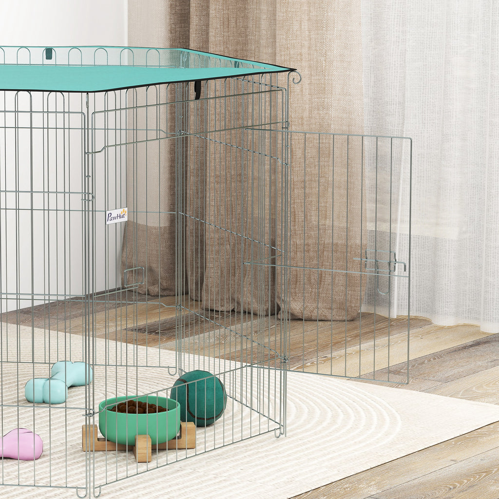 Parc pour chien, enclos chien 6 panneaux avec toit, modulable et pliable, enclos portable 76H cm avec porte argent vert