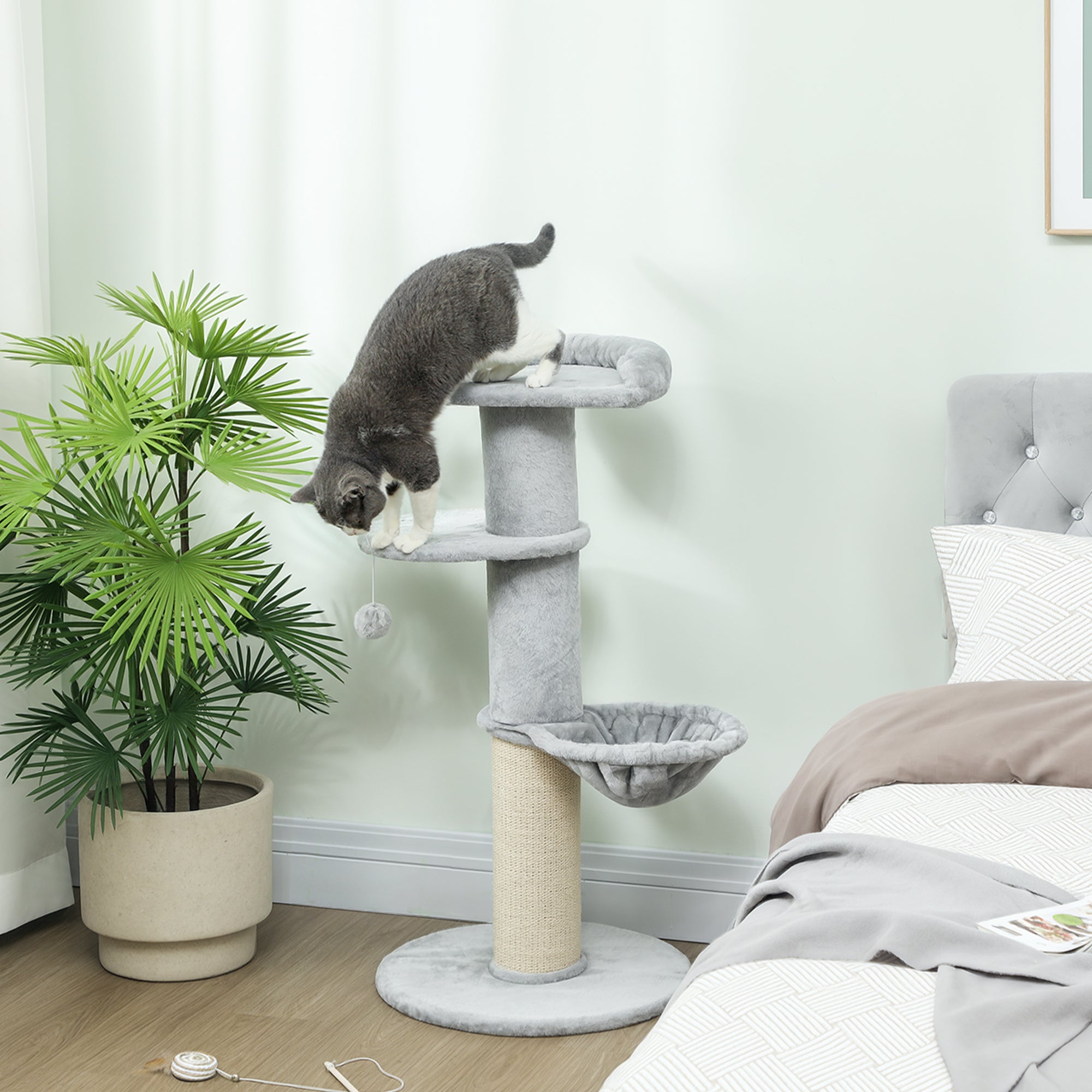Arbre à chat tonneau à gratter pour chats griffoir en sisal, hamac, plateforme, balle jouet, Ø 48 x 103,5 cm, gris clair