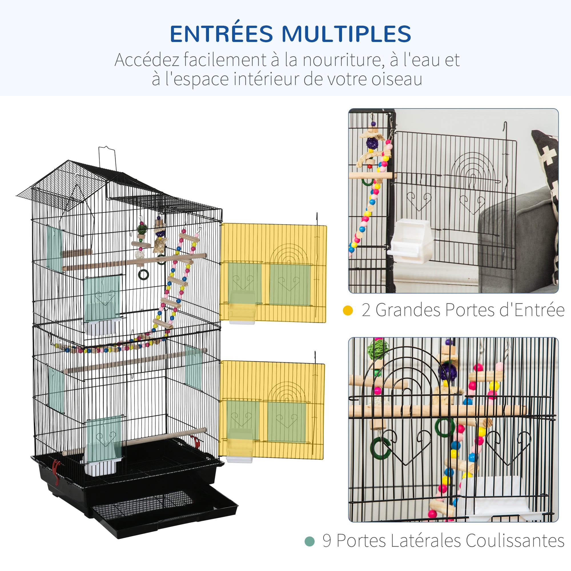 Cage à oiseaux 46 x 36 x 100 cm 4 mangeoires 3 perchoirs cage pour perruche calopsitte conure pinson canaris