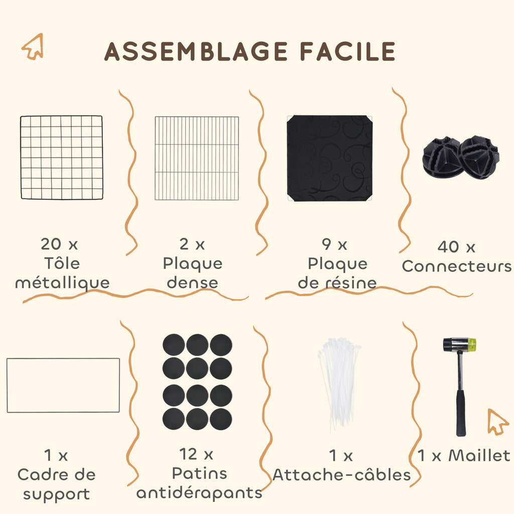 Enclos pour petits animaux, cage à lapin modulable 31 panneaux avec niches surélevées, en acier, 140x70x52cm, noir