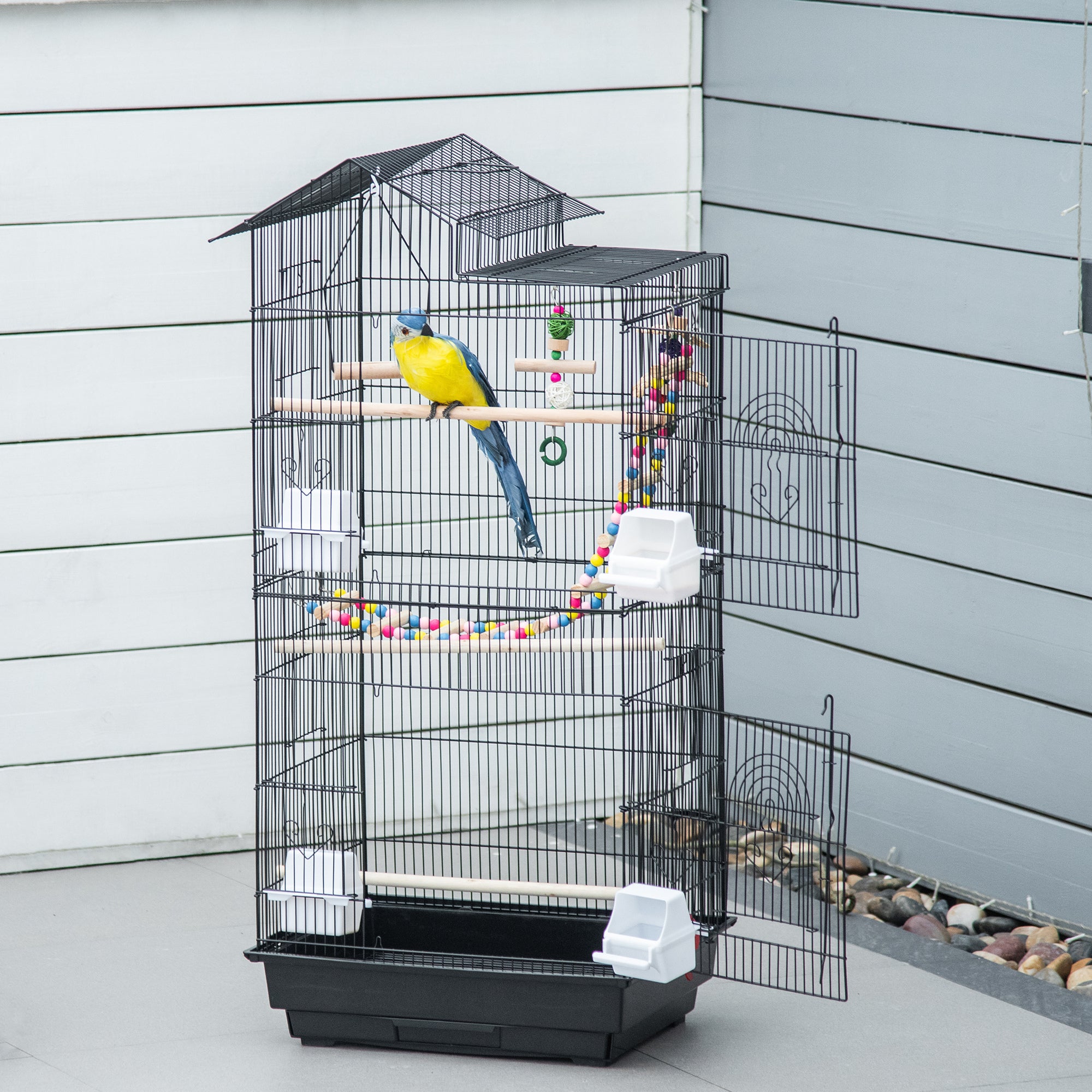 Cage à oiseaux 46 x 36 x 100 cm 4 mangeoires 3 perchoirs cage pour perruche calopsitte conure pinson canaris