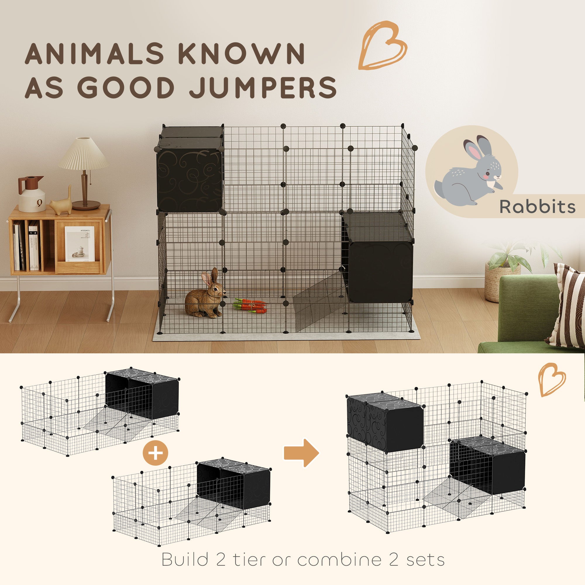 Enclos pour petits animaux, cage à lapin modulable 31 panneaux avec niches surélevées, en acier, 140x70x52cm, noir