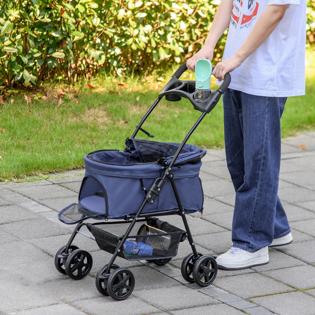 Poussette buggy pliable chien chat panier rangement porte-gobelets tissu 300D Oxford imperméable 4 roues bleu foncé