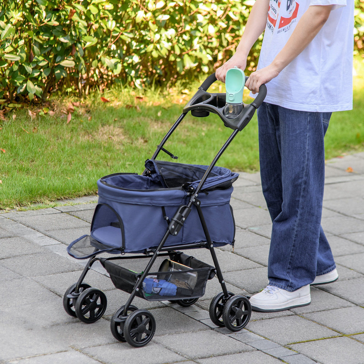 Poussette buggy pliable chien chat panier rangement porte-gobelets tissu 300D Oxford imperméable 4 roues bleu foncé