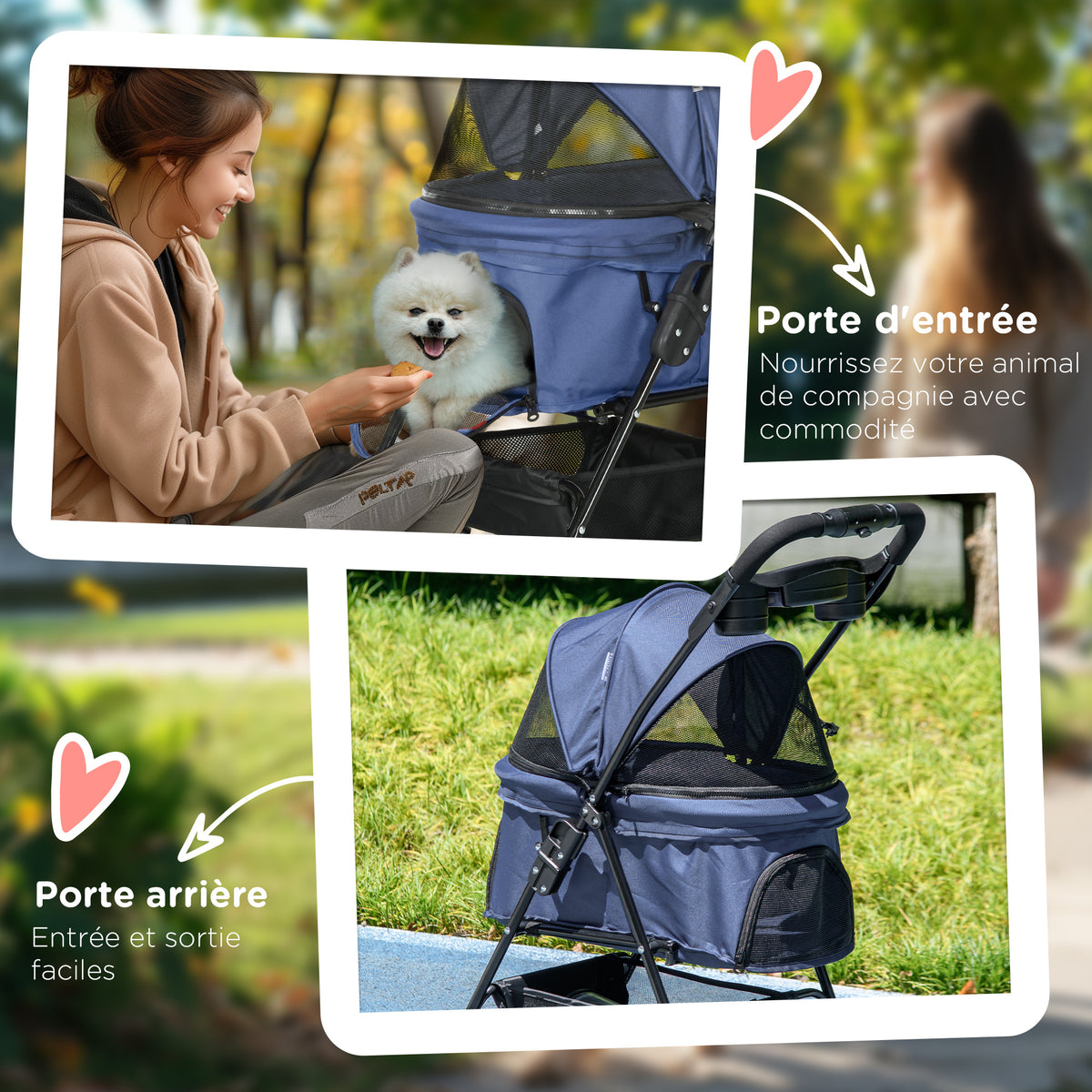 Poussette buggy pliable chien chat panier rangement porte-gobelets tissu 300D Oxford imperméable 4 roues bleu foncé