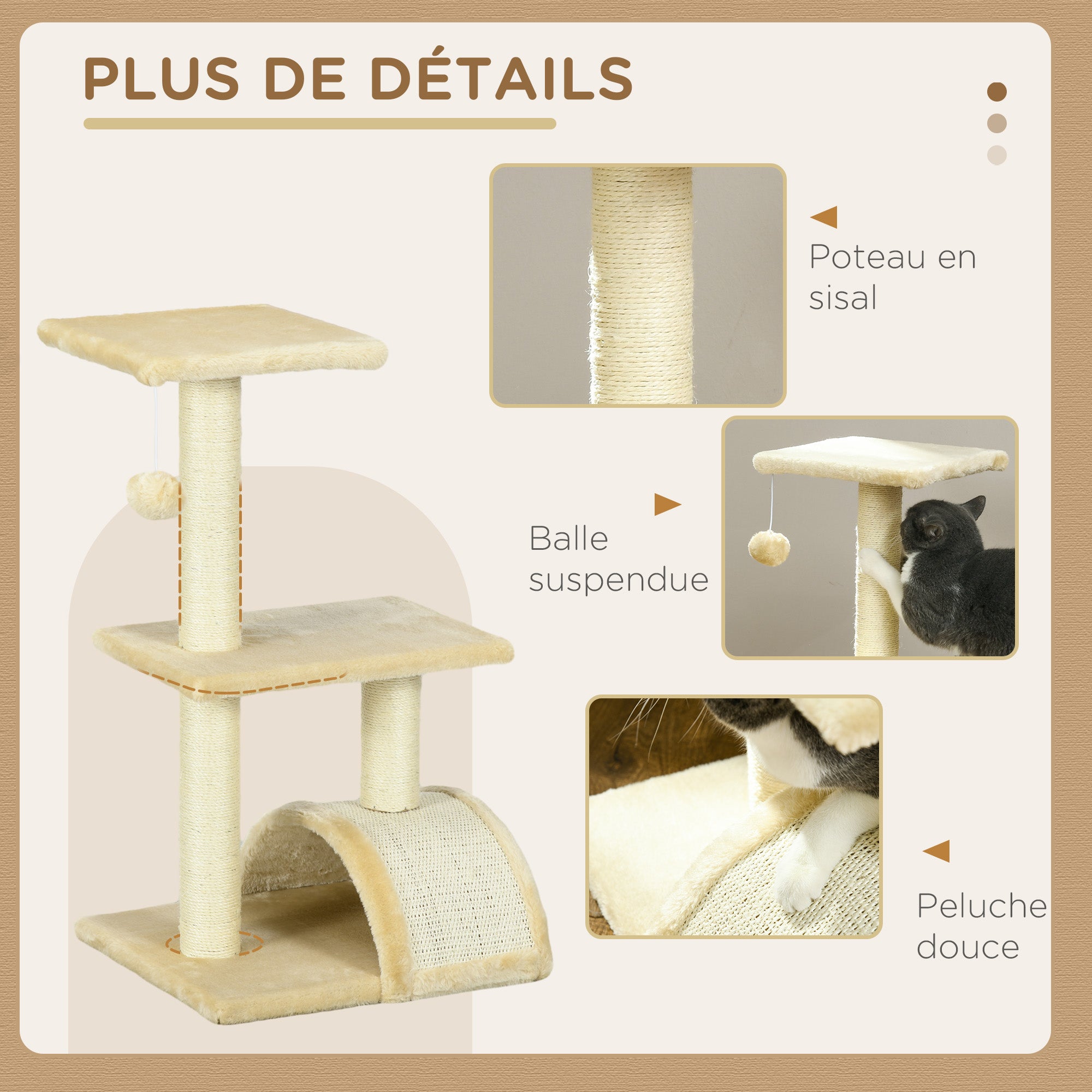 Arbre à chat arbre à grimper griffoir pour chat hauteur 72 cm balle suspendue crème