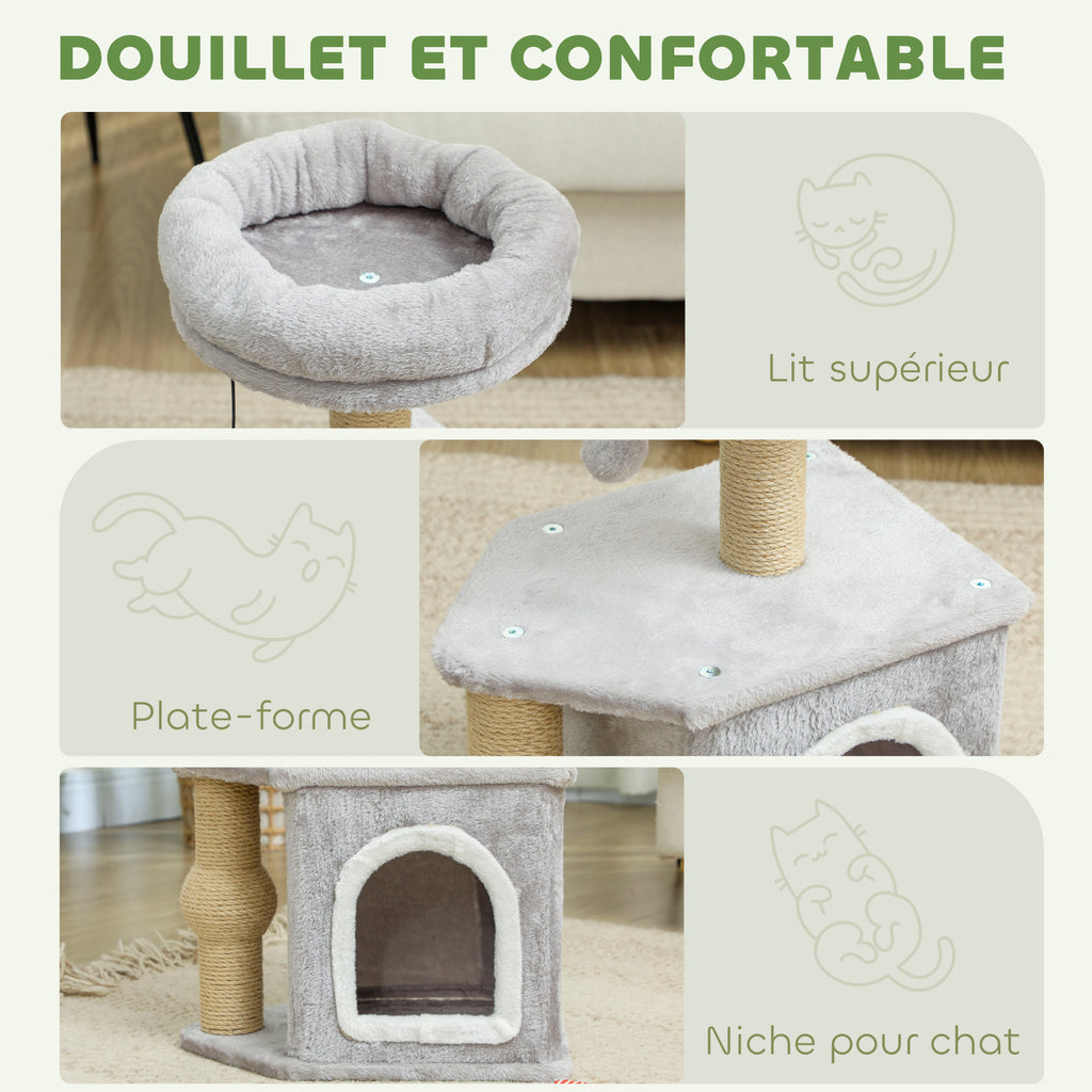 Arbre à chat tour de jeux pour chats, avec poteaux à griffer lit pour chat maison pour chat 42 x 30 x 66 cm gris clair